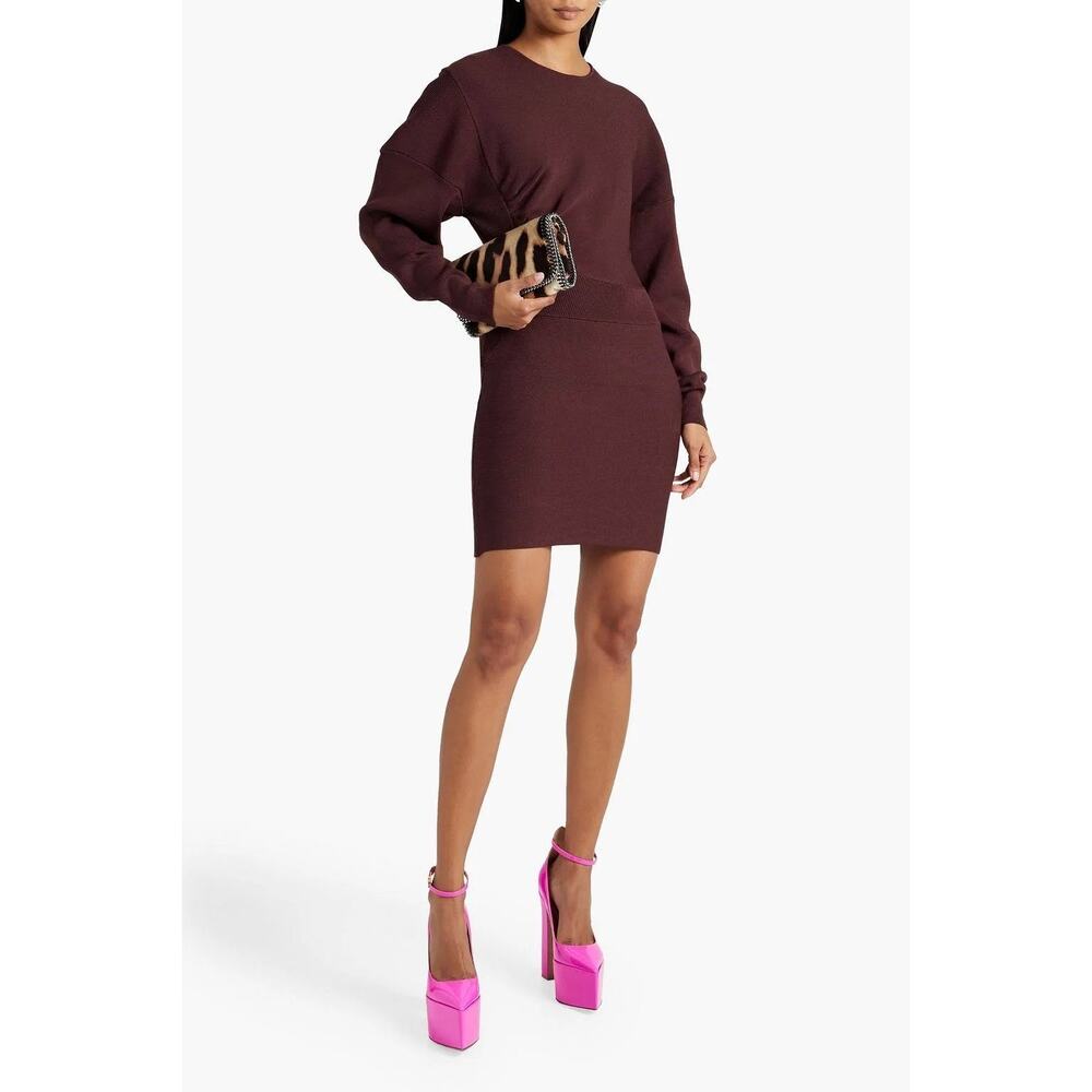 Ganni Grape Burgundy Ruched Ribbed Knit Long Sleeve Mini Dress Size Large NWT